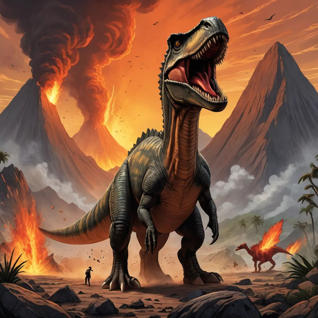 a dinosaur with its mouth open standing in front of a volcano with lava and lava in the background and a man standing in the foreground, altermodern, concept art, Adam Rex, magic the gathering artwork