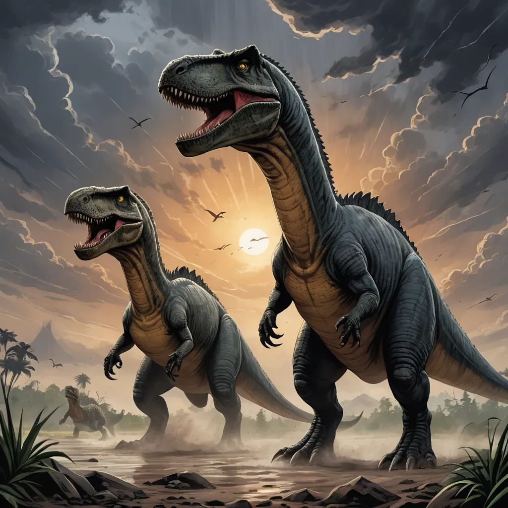 two dinosaurs are walking in the dirt near a sunset and clouds in the sky, with birds flying overhead, altermodern, concept art, Adam Rex, magic the gathering artwork