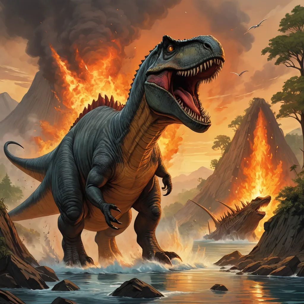 a dinosaur is standing in the water with a fire in the background and a mountain range in the background, altermodern, concept art, Adam Rex, magic the gathering artwork