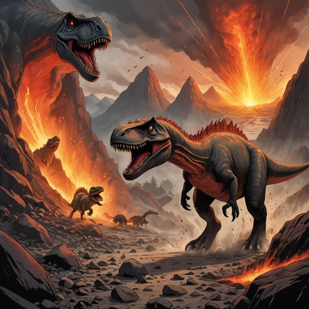 a painting of a dinosaur attacking another dinosaur in a rocky area with a mountain range in the background and a lava - filled sky, altermodern, concept art, Dan Mumford, magic the gathering artwork