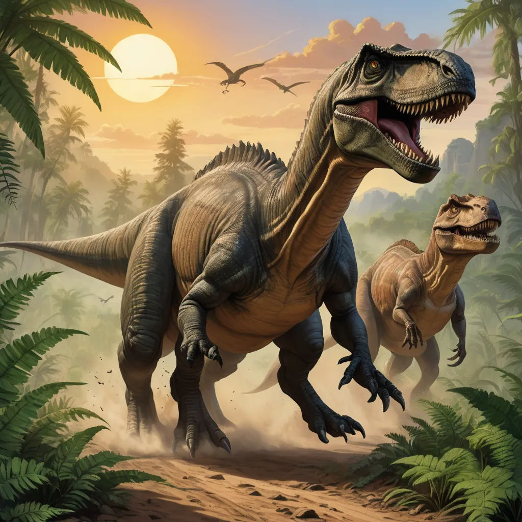 a painting of two dinosaurs in the jungle with a sunset in the background and a bird flying over them, altermodern, concept art, Adam Rex, key art