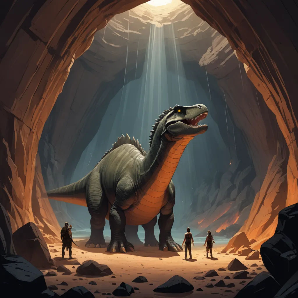 a dinosaur in a cave with a group of people standing around it and a light shining down on it, fantasy art, a cave painting, Adam Rex, rossdraws global illumination