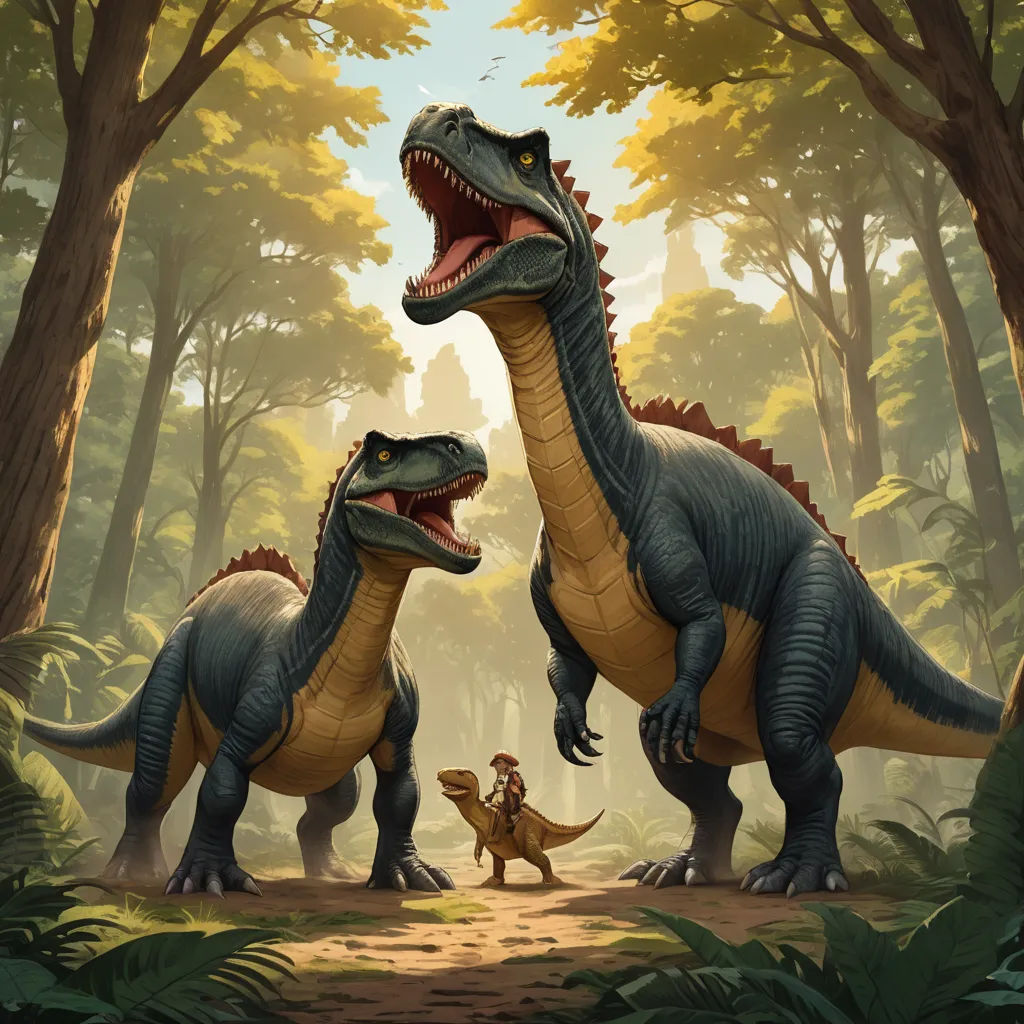 two dinosaurs in a forest with a man standing next to them and a child in the foreground with a dinosaur in the background, sots art, concept art, Adam Rex, official art