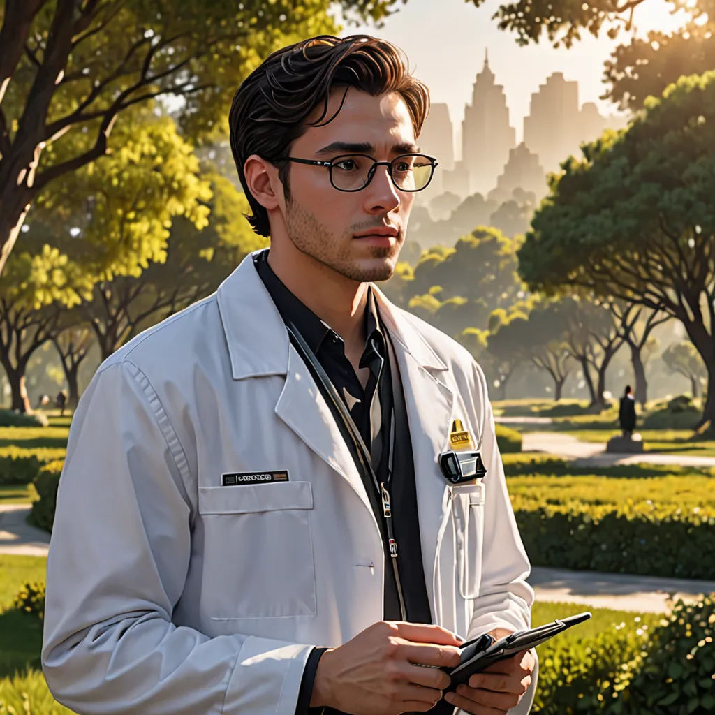 a man in a white lab coat holding a tablet in a park with a city in the background and trees, photorealism, a detailed matte painting, Cedric Seaut (Keos Masons), ultra realistic digital art