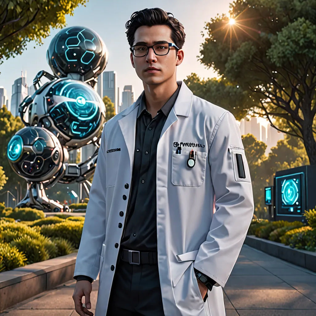 a man in a lab coat standing in front of a futuristic sculpture of a robot and a cityscape, sots art, computer graphics, Cedric Seaut (Keos Masons), promotional image