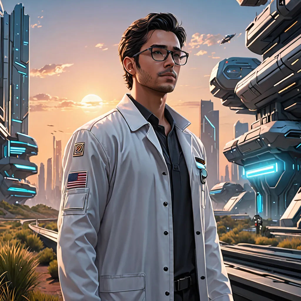 a man in a white coat standing in front of a futuristic city with a futuristic building in the background, retrofuturism, a character portrait, Clint Cearley, sci fi fantasy