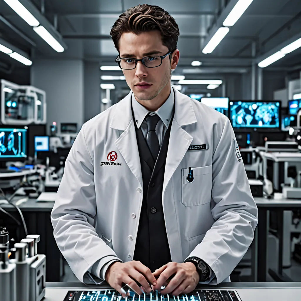 a man in a lab coat is using a laptop computer in a lab with many monitors and other equipment, modular constructivism, computer graphics, Christian W. Staudinger, promotional image