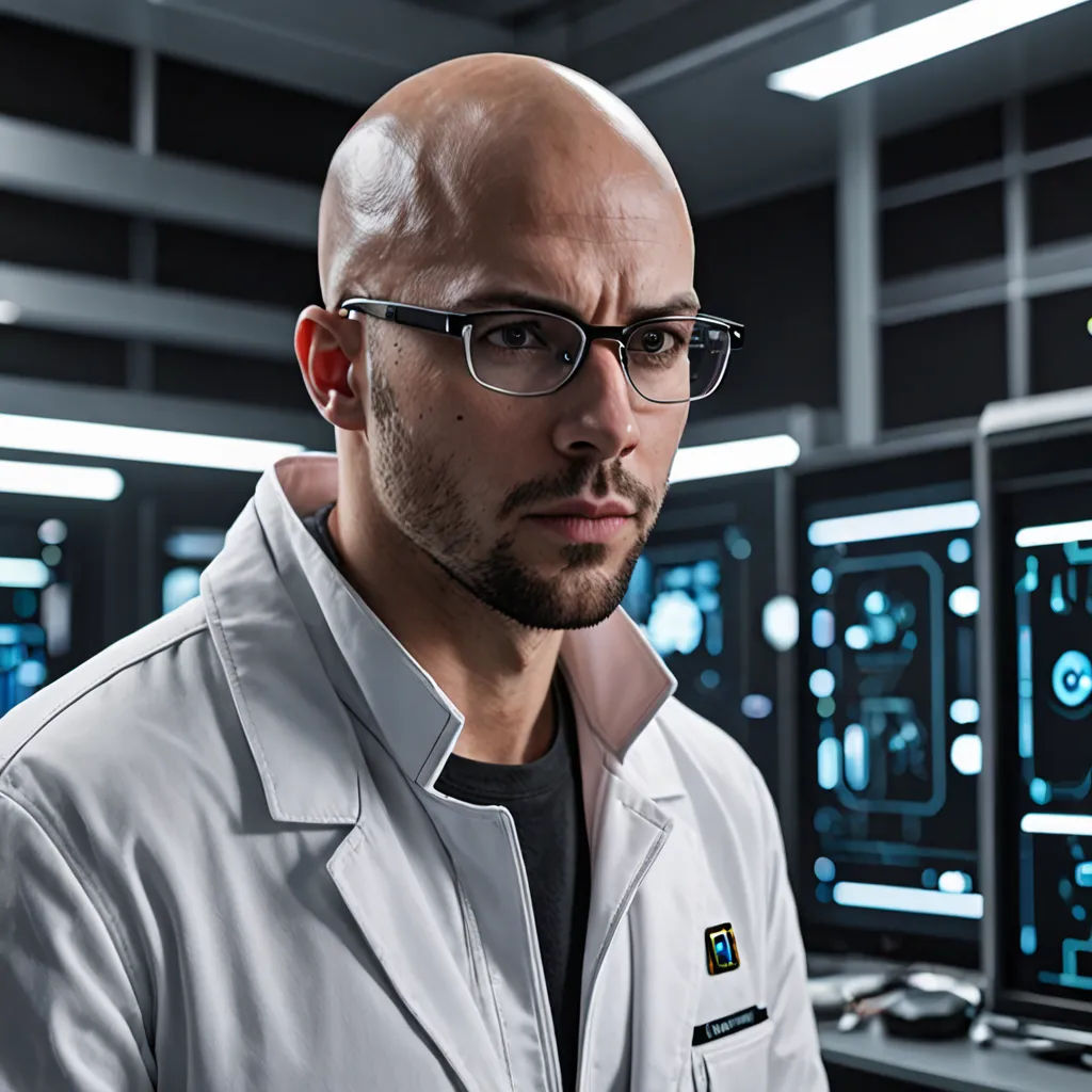 a man in a lab coat standing in front of a computer screen with a lot of lights on it, modular constructivism, a character portrait, Doc Hammer, promotional image