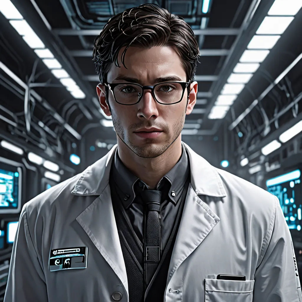 a man in a lab coat and glasses standing in a room with lights on the ceiling and a ceiling, computer art, a computer rendering, Doc Hammer, unreal engine render