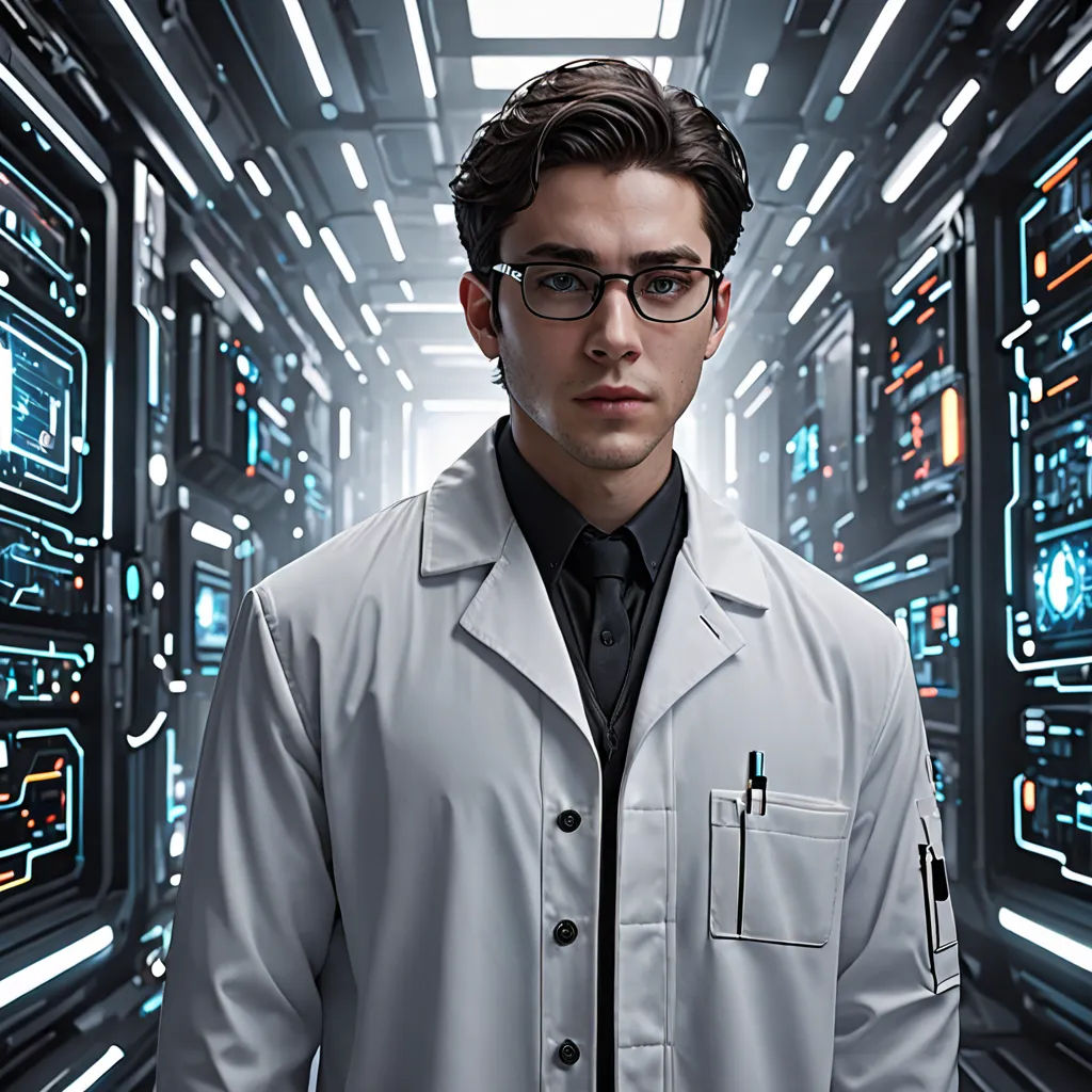 a man in a lab coat standing in a room with many lights on it and a clock on the wall, computer art, computer graphics, Dr. Atl, promotional image