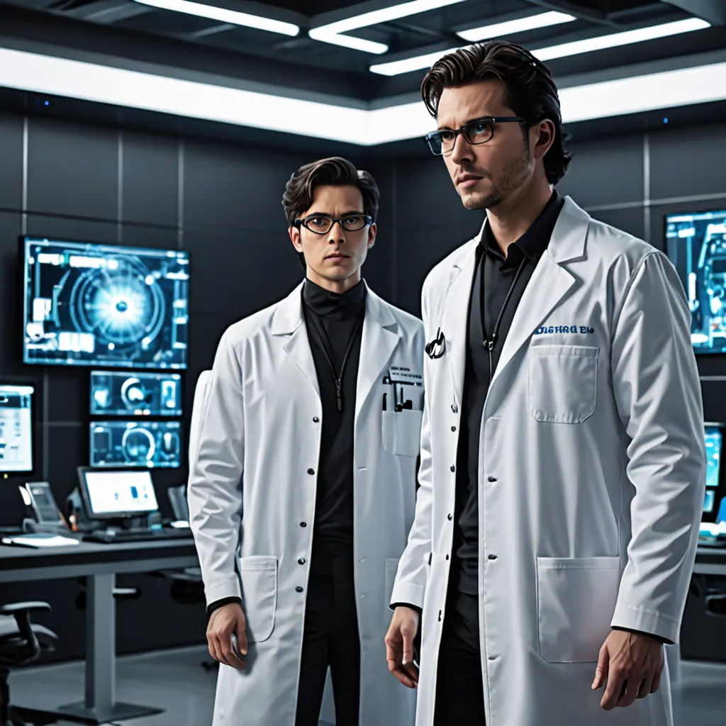 two men in lab coats standing in front of a computer screen with a large monitor behind them and a man in a black shirt, neo-figurative, a stock photo, Christian W. Staudinger, promotional image