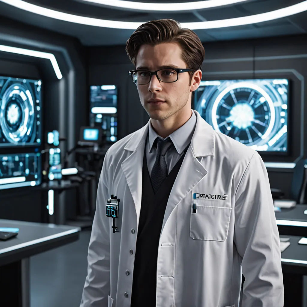 a man in a lab coat standing in a room with monitors on the wall and a tie on his neck, holography, a hologram, Dr. Atl, promotional image