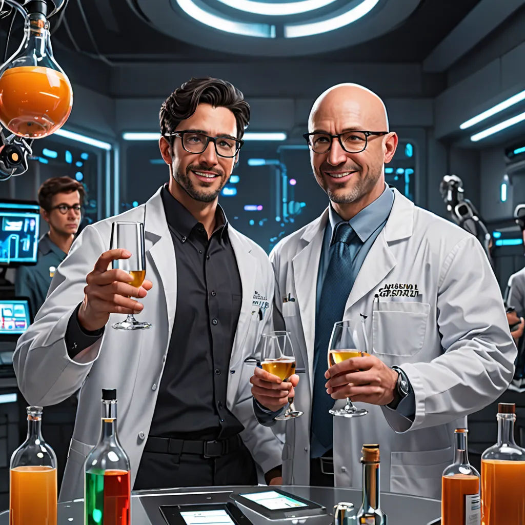two men in lab coats holding glasses of wine in a lab setting with oranges and bottles of wine, cobra, a stock photo, Dr. Atl, promotional image
