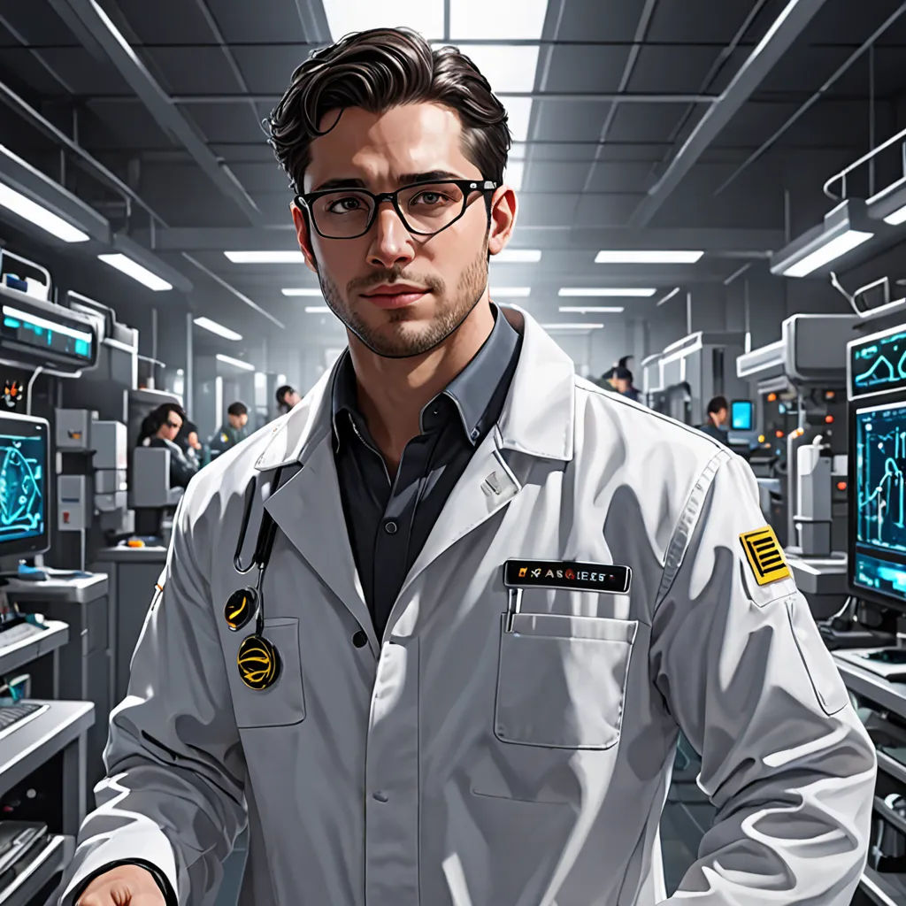 a man in a lab coat standing in a room full of monitors and other equipment in it's walls, computer art, computer graphics, Cedric Seaut (Keos Masons), ultra realistic digital art