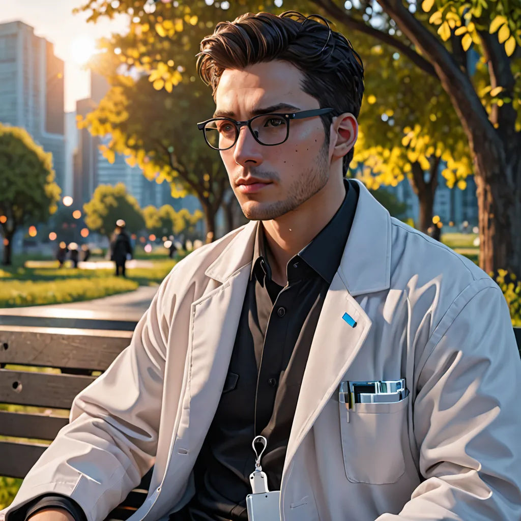 a man in a lab coat sitting on a bench in a park with a book in his hand and a cup of coffee in his hand, rayonism, a stock photo, Alexander Kucharsky, promotional image
