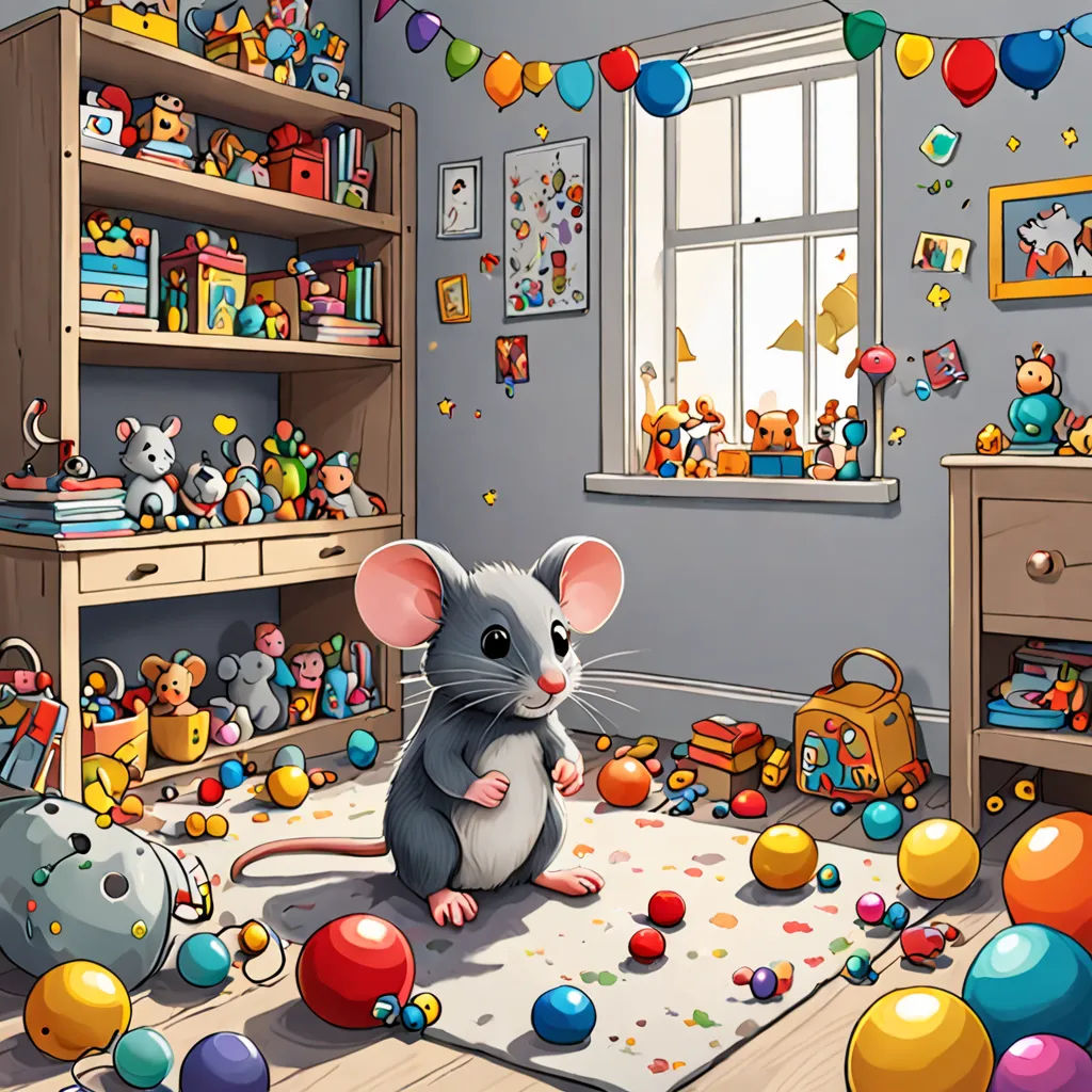 a mouse sitting on a rug in a room with toys and balloons on the floor and a window with a curtain, sots art, a storybook illustration, Chris LaBrooy, highly detailed digital painting