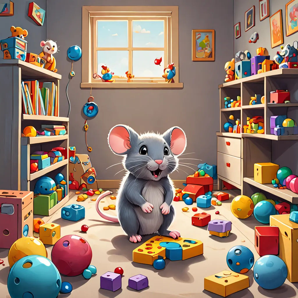 a mouse sitting in a room with toys all around it and a window with a sky view of the room, sots art, a storybook illustration, Chris LaBrooy, game art