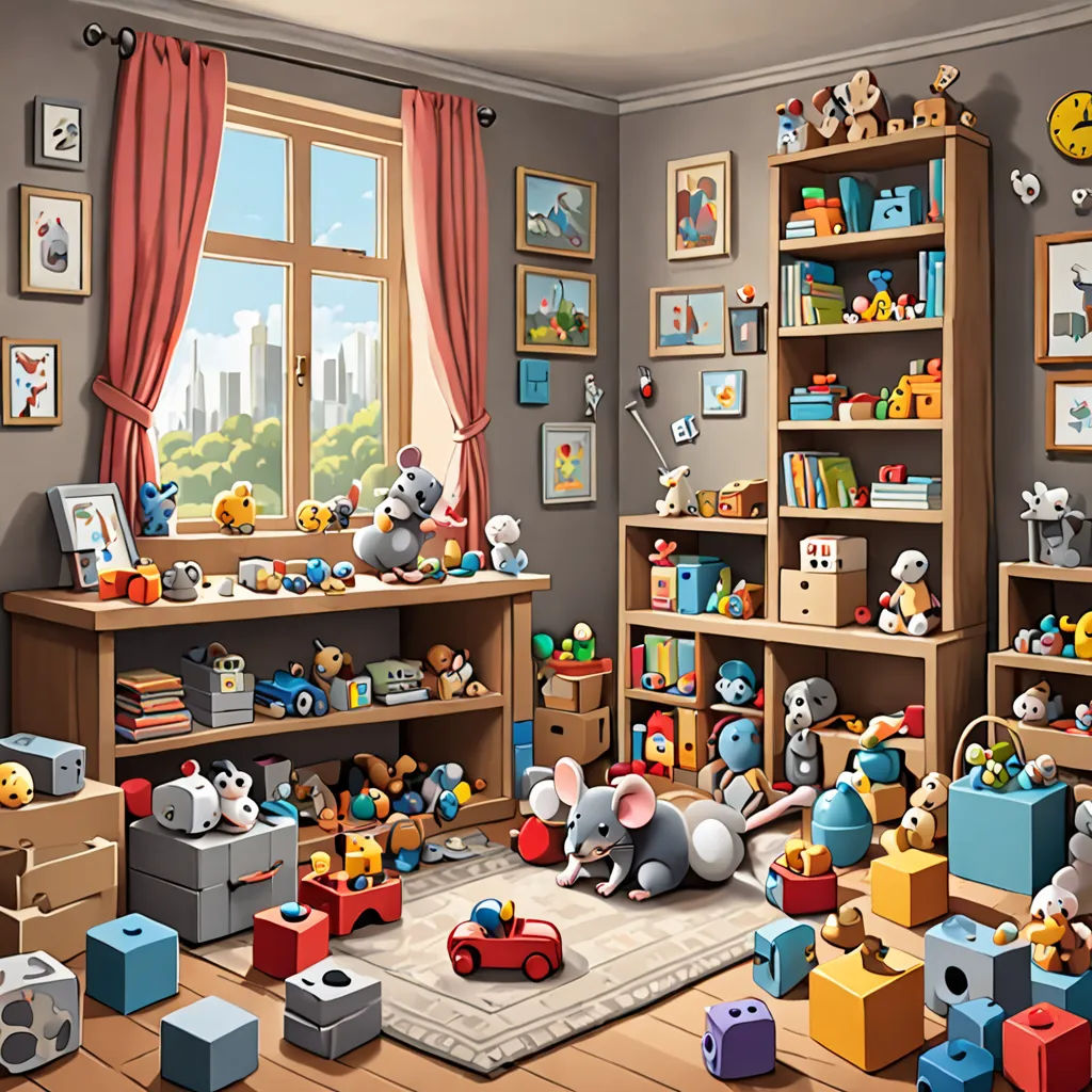 a room filled with lots of toys and a window with curtains on it and a rug on the floor, pixel art, a detailed painting, Chris LaBrooy, highly detailed digital painting