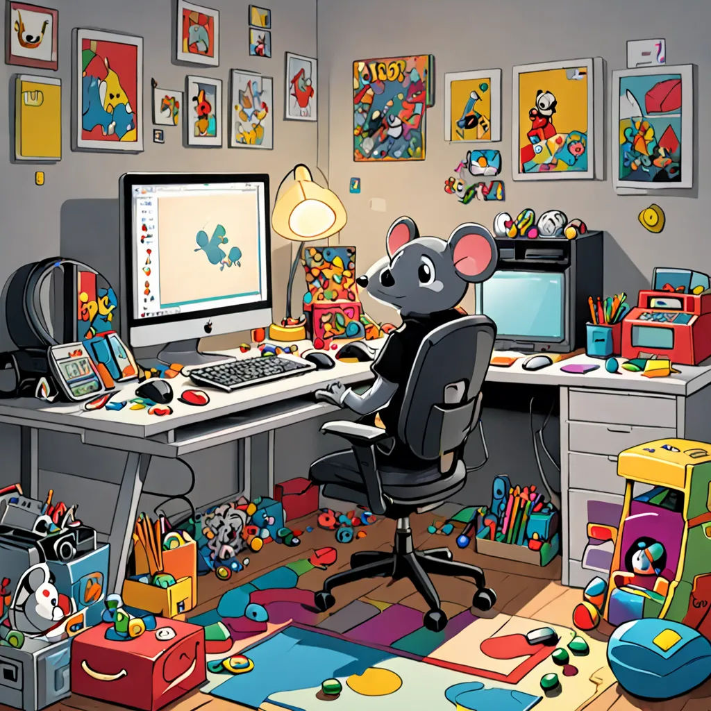 a computer desk with a mouse on it in a room with toys and a rug on the floor and a wall with pictures, furry art, computer graphics, artist, art station