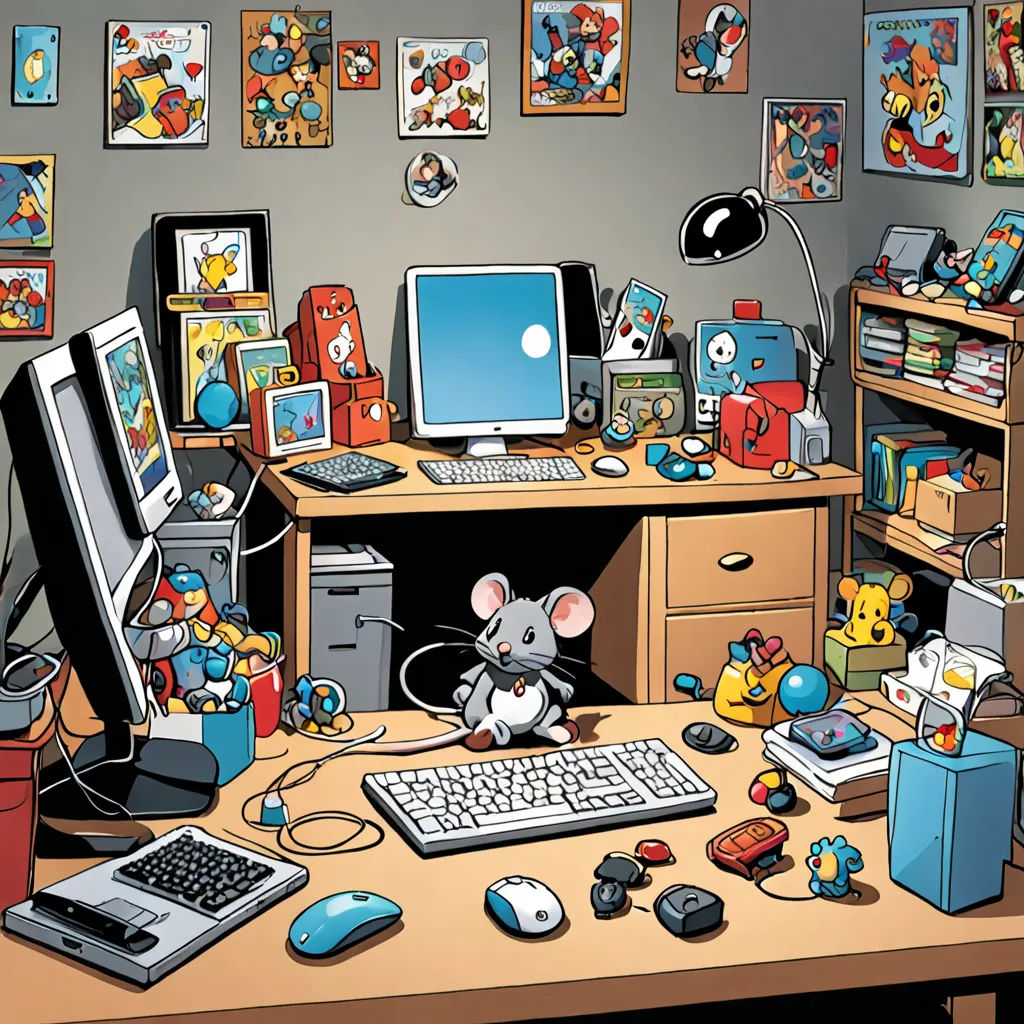 a computer desk with a mouse and keyboard on it and a bunch of pictures on the wall above it, postminimalism, computer graphics, Asaf Hanuka, art station