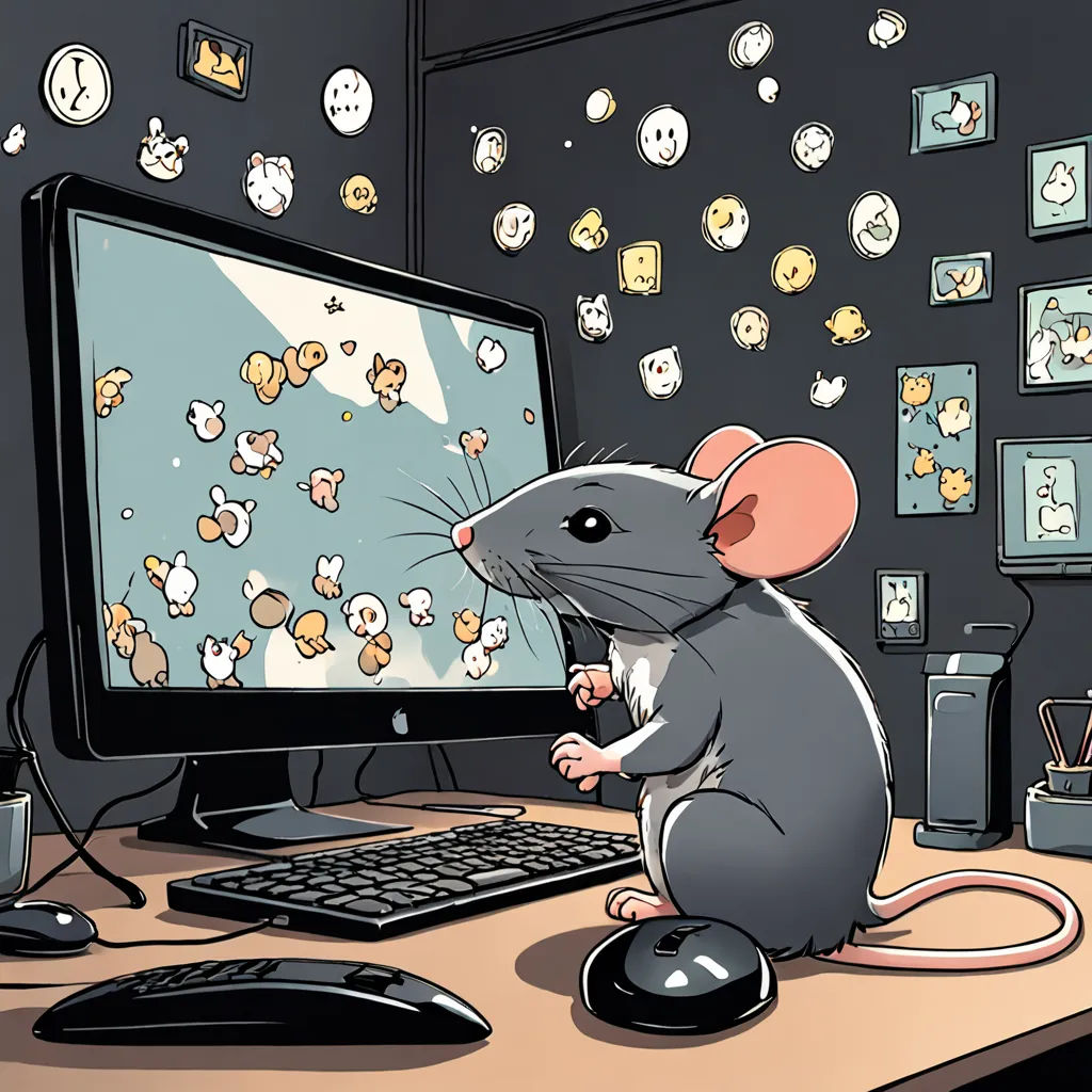 a mouse sitting on a desk next to a computer monitor and keyboard with a mouse on it, and a bunch of other mice flying around, furry art, computer graphics, Asaf Hanuka, furaffinity