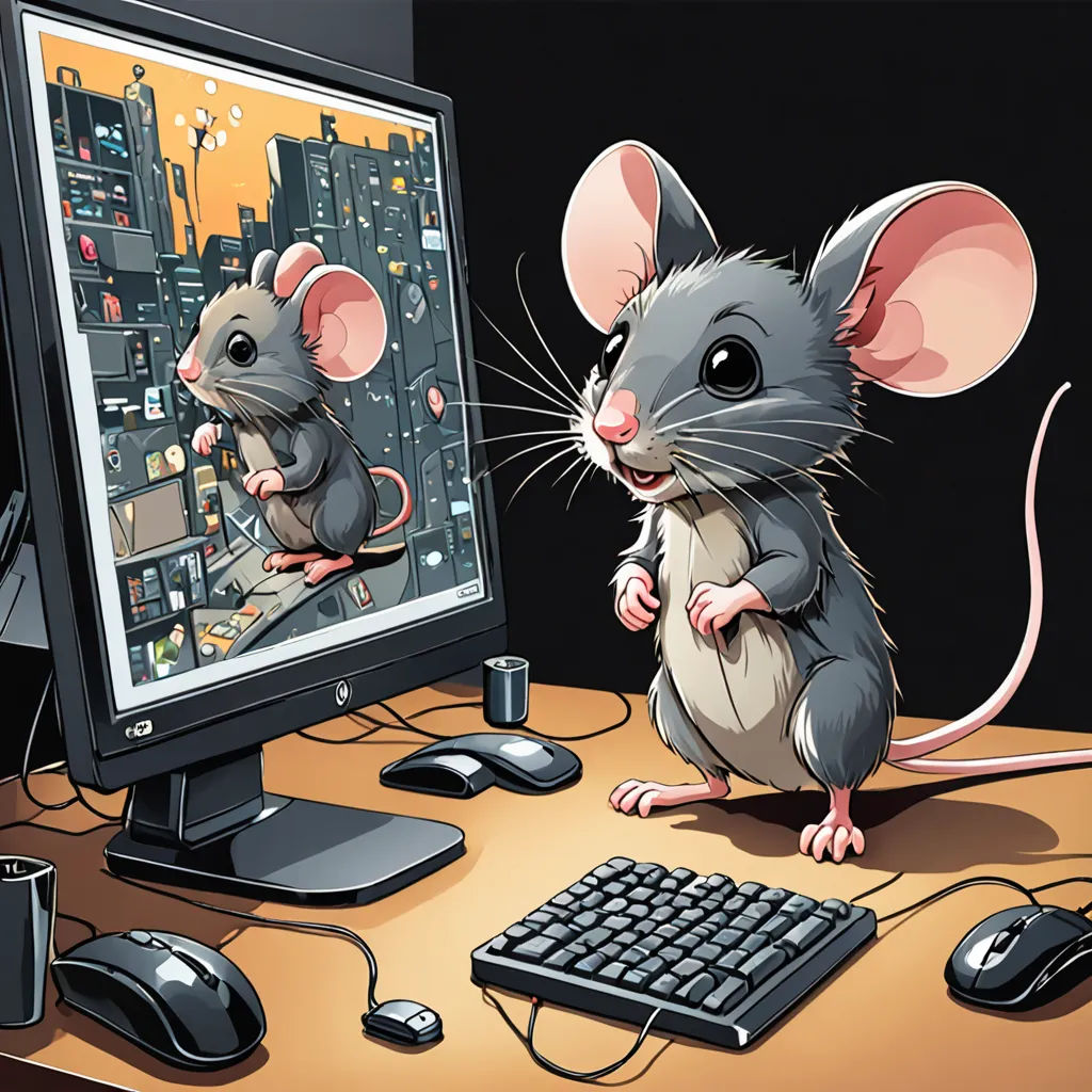 a mouse sitting on a desk next to a computer monitor and keyboard with a cityscape in the background, computer art, computer graphics, Art Spiegelman, furaffinity