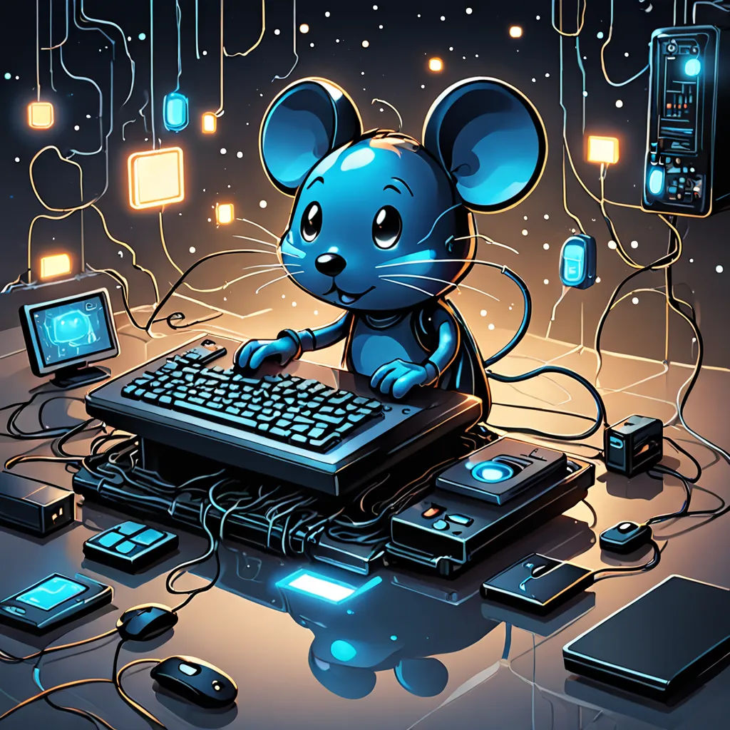 a mouse sitting at a keyboard surrounded by electronic devices and wires and plugs in the background are glowing, computer art, computer graphics, Dan Mumford, game art