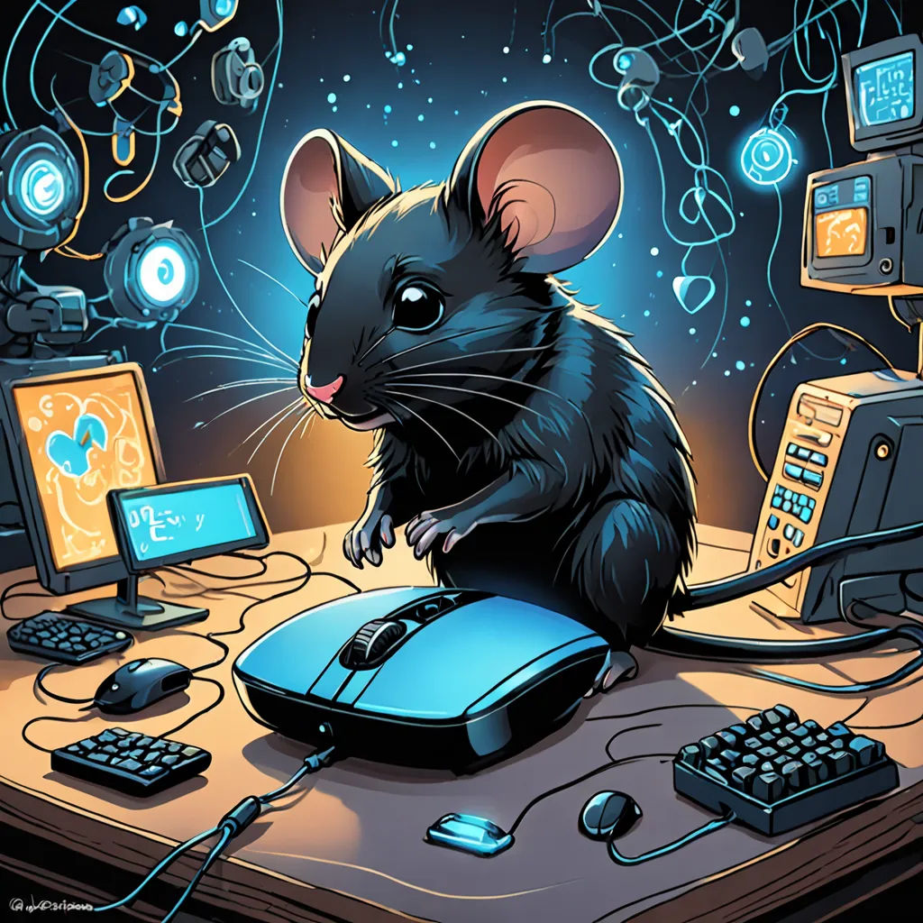 a mouse sitting on a desk next to a keyboard and a mouse pad with a mouse on it and a monitor and a keyboard, computer art, computer graphics, Dan Mumford, furaffinity