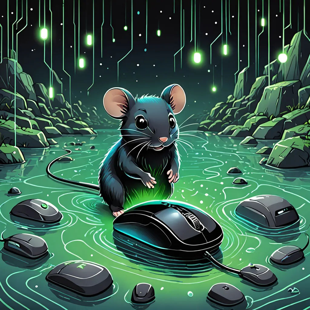 a mouse sitting on top of a computer mouse pad in a river of water with rocks and lights in the background, computer art, computer graphics, Dan Mumford, digital illustration