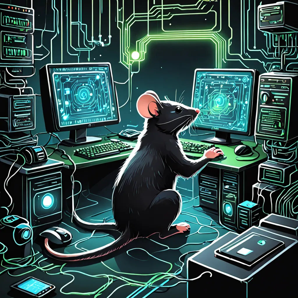 a rat sitting on a desk in front of a computer monitor and keyboard with a circuit board in the background, computer art, computer graphics, Dan Mumford, furaffinity