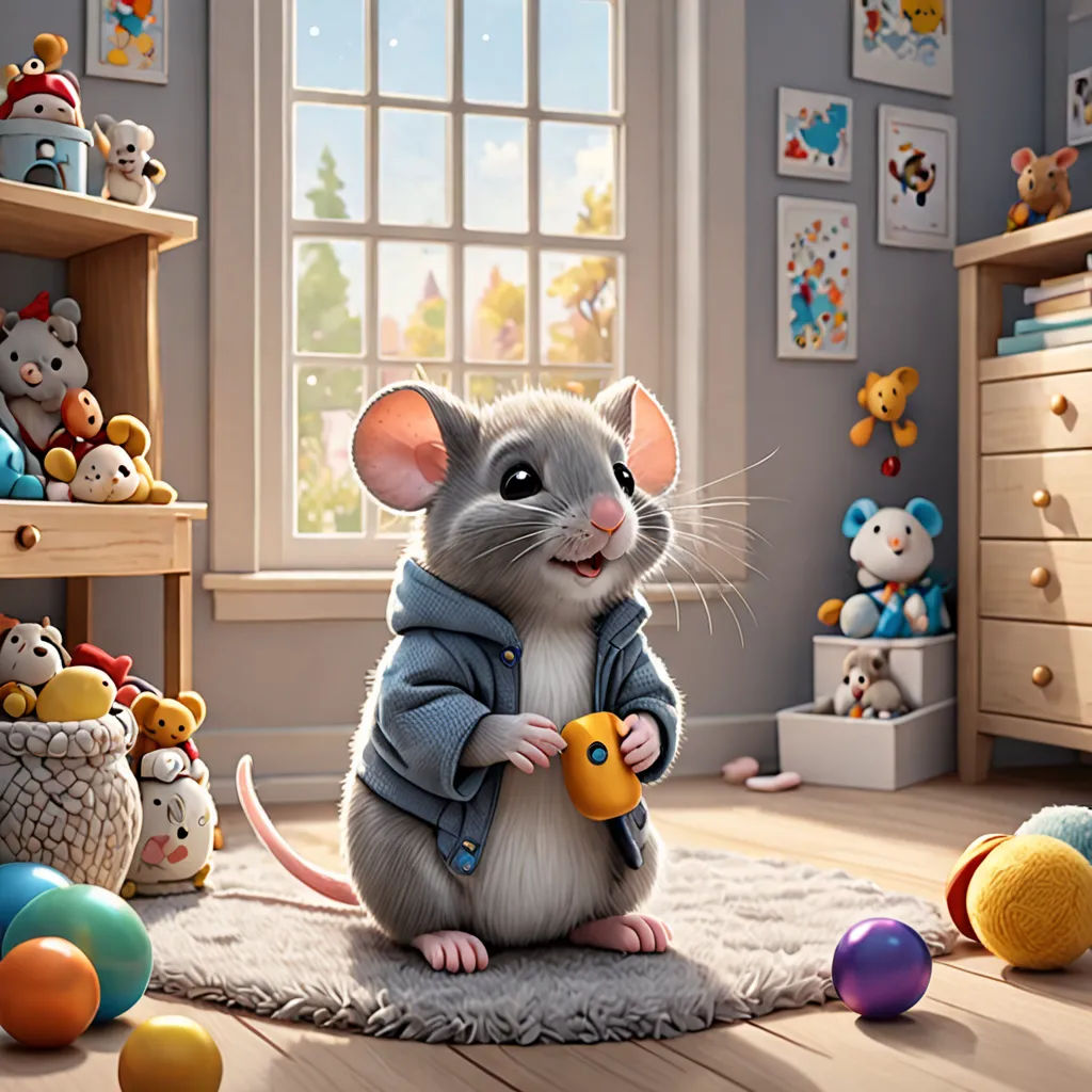 a mouse is sitting on a rug in a room with toys and stuffed animals around it, and a window, furry art, a 3D render, Chris LaBrooy, cgstudio