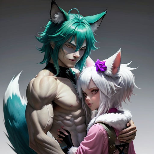 a couple of anime characters hugging each other with their arms around each other, with one of them wearing a cat costume