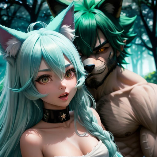 a couple of anime characters are posing for a picture together in the woods with wolf ears on their heads