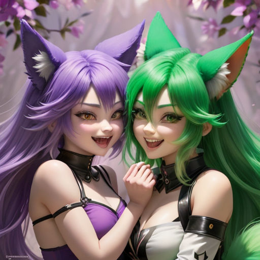 two anime girls with green and purple hair and cat ears, one with green hair and the other with purple hair