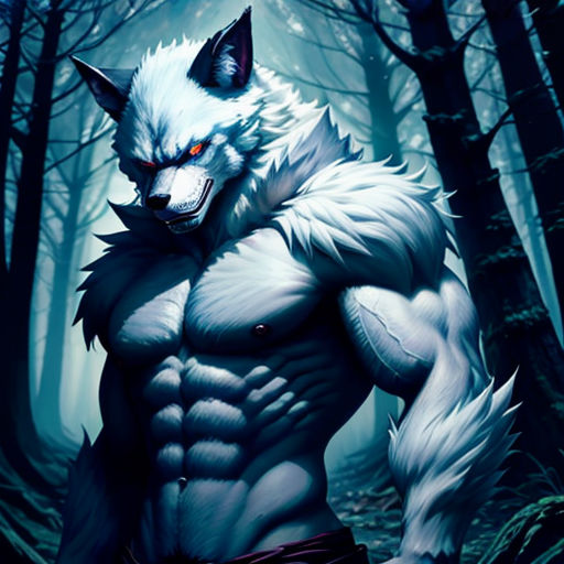 a wolf with red eyes and a white fur coat in the woods with trees and grass, with a wolf like creature in the foreground