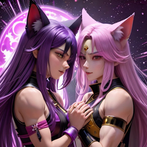 two anime girls with long hair and cat ears, one with pink hair and the other with purple hair