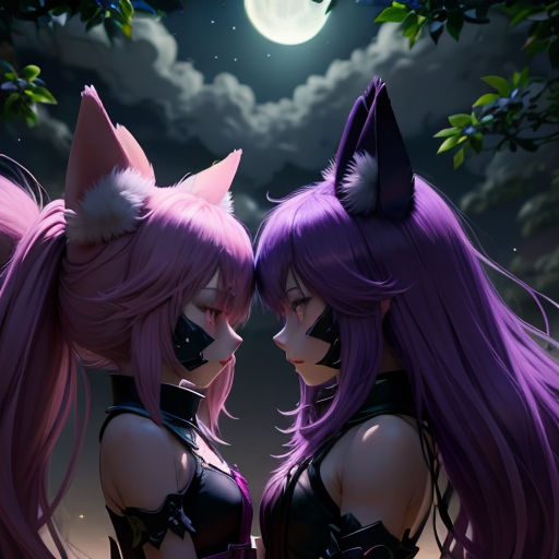 two anime girls with purple hair and cat ears are standing in front of a full moon and tree with leaves