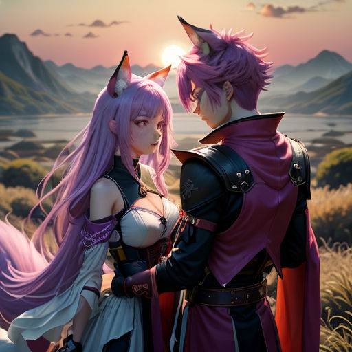 a couple of people standing next to each other in a field of grass and trees with mountains in the background