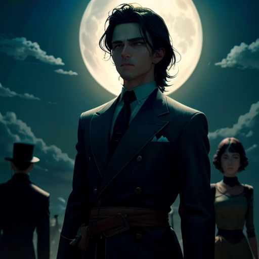 a man in a suit and tie standing in front of a full moon with two women in dresses and a man in a top hat