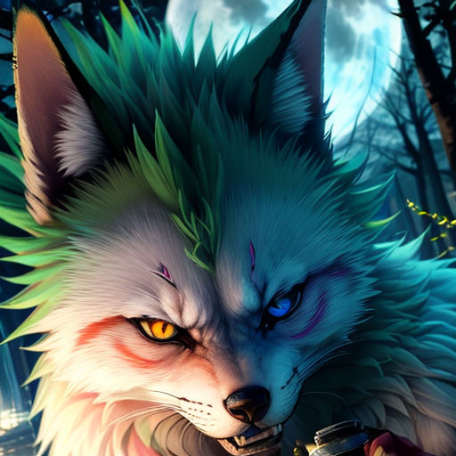 a wolf with a sword in its mouth and a sky background with clouds and trees in the background, with a person holding a knife