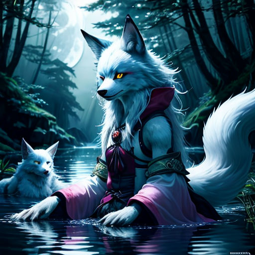 a white wolf and a white cat are in the water together, with a full moon in the background