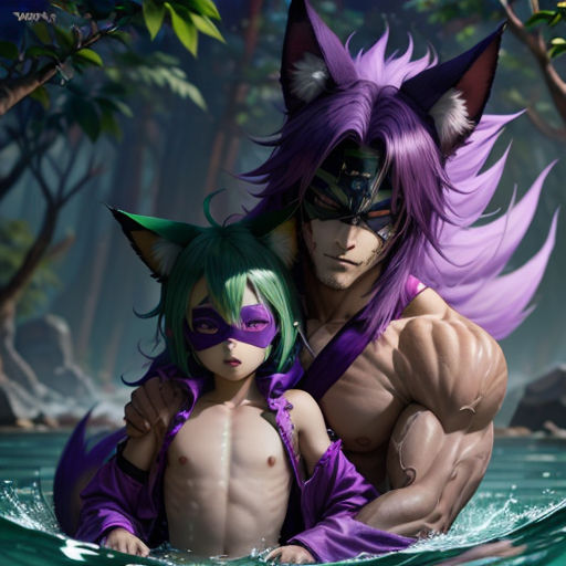 a couple of anime characters in the water together, one of them is hugging the other is wearing a purple outfit