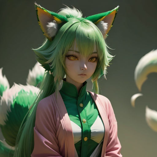 a woman with green hair and a green outfit with a cat ears on her head and a green shirt with a pink shirt and pink shirt