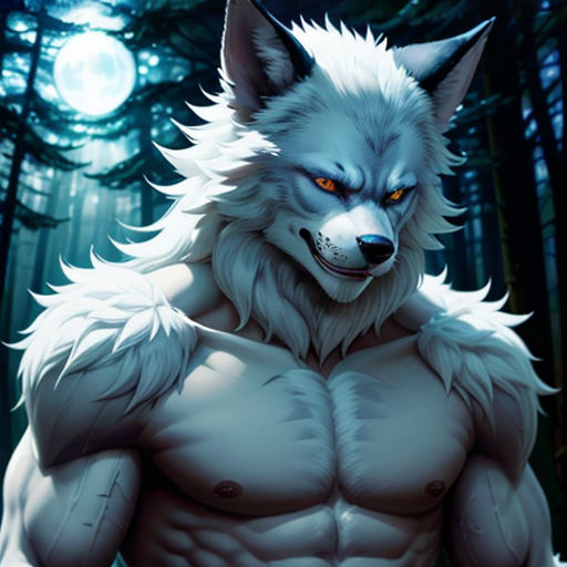 a wolf with big muscles standing in the woods with a full moon behind him and his eyes glowing red