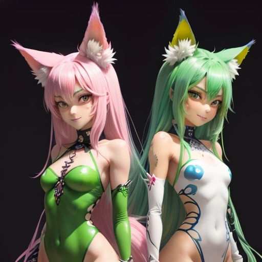 two anime girls with green hair and pink hair are standing next to each other, one is wearing a cat costume