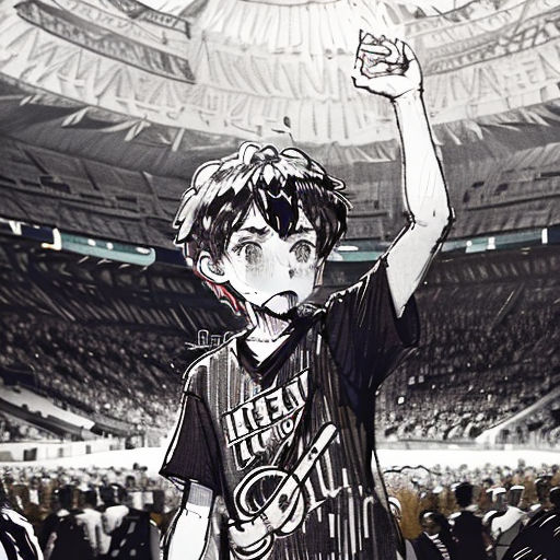 a boy in a black and white photo holding a cell phone up in the air in front of a crowd of people