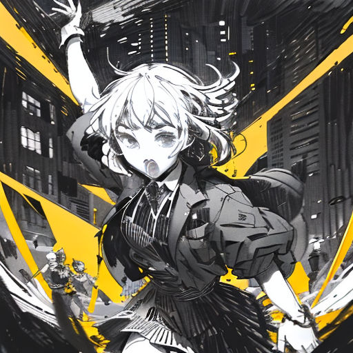 a woman in a black and yellow outfit with a gun in her hand and a yellow background with a black and white design