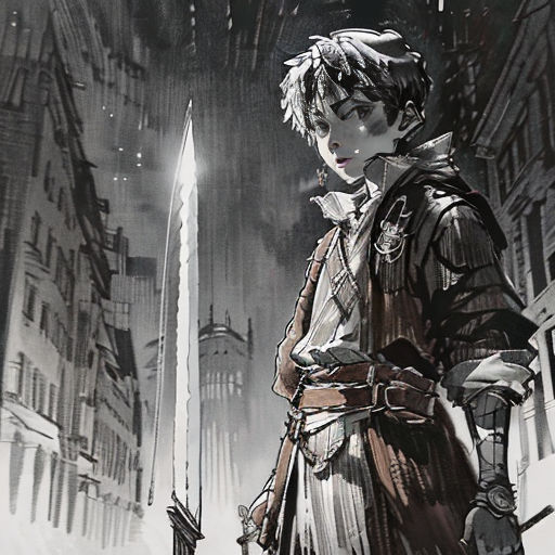 a man in a suit and sword standing in the rain in a city street with buildings and tall buildings