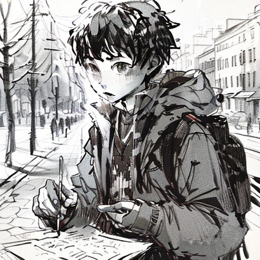 a drawing of a boy writing on a paper on a city street with buildings in the background and a person walking by