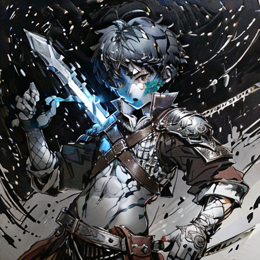 a person with a sword in their hand and a black background with stars around them and a white background with a black and white background